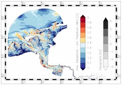 minimum value of ratio of maximum ebb current:mean tide current within the period of data analysis
