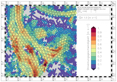 Contours of proportional arrows overlie the colored map of the magnitude of current velocity.